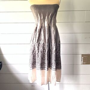LAPIS Strapless Bandeau Dress One Size Boho Smocked Flowy Taupe Cream